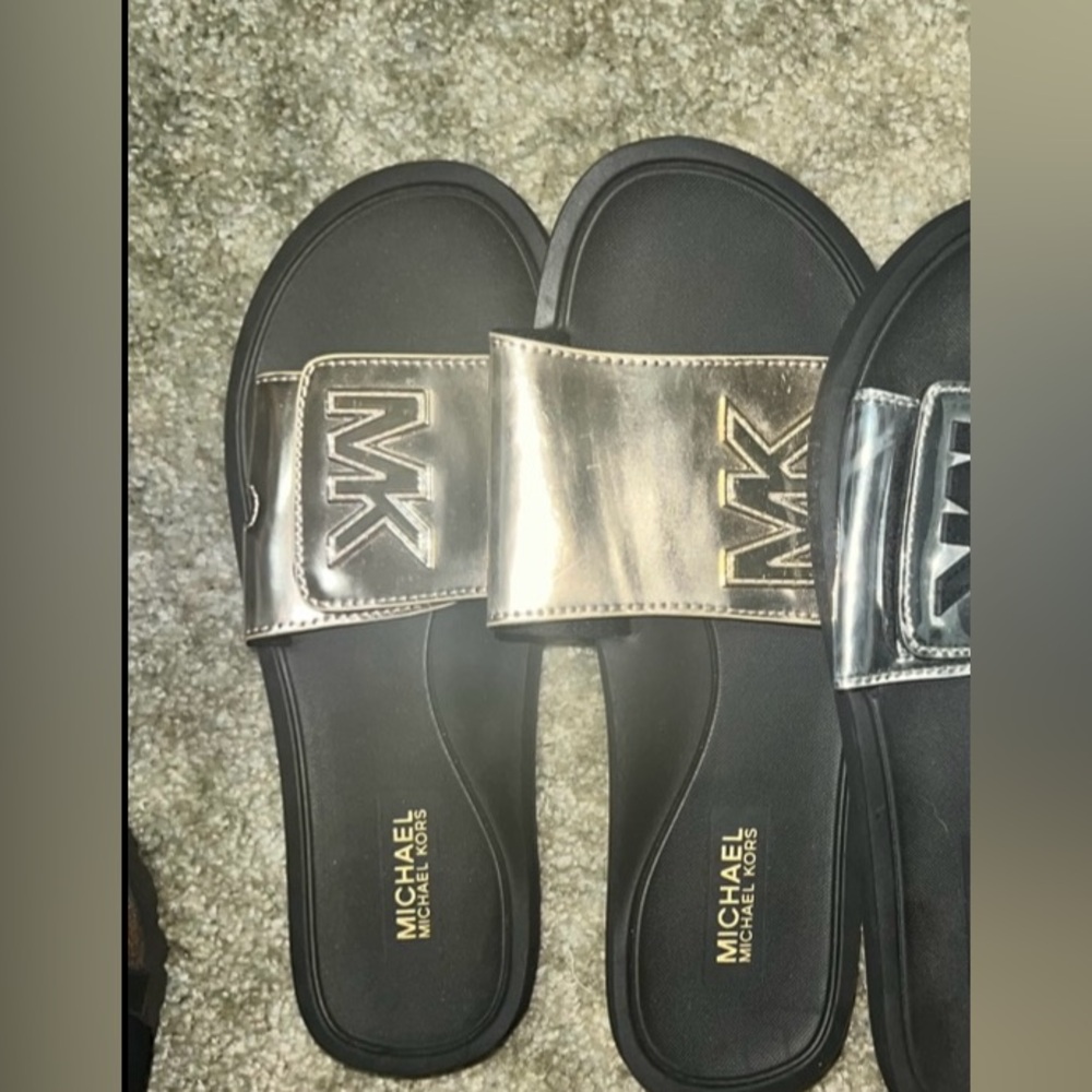 Michael Kors Women’s Slides in Black and Metallic Gold